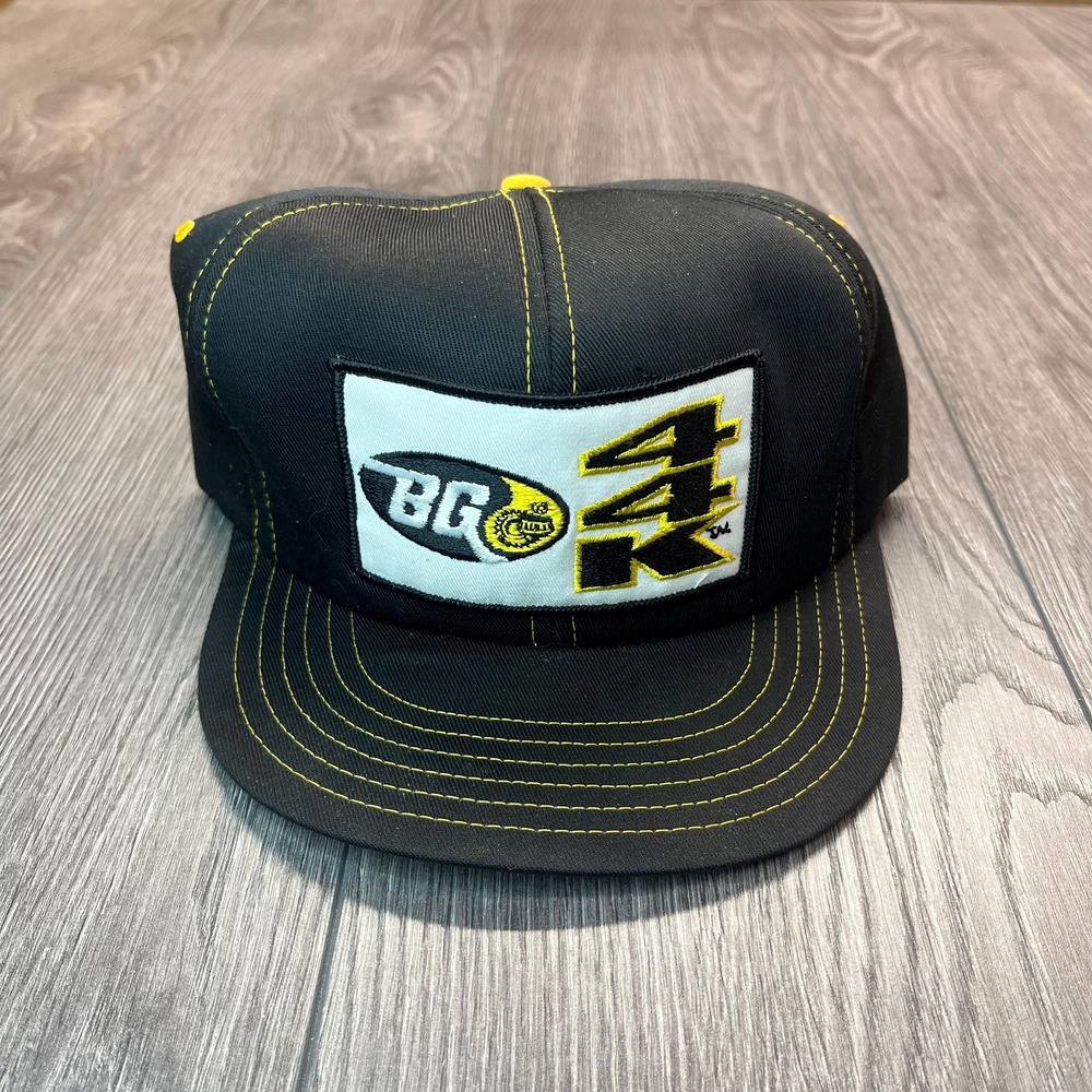 Vintage 1980s BG 44K Trucker Hat Snapback Cap Yellow Black Mesh Hot Rods